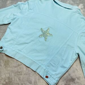 Allen Allen‎ Beachy Knit Trucker Jacket Womens XL Aqua Sequins Starfish USA